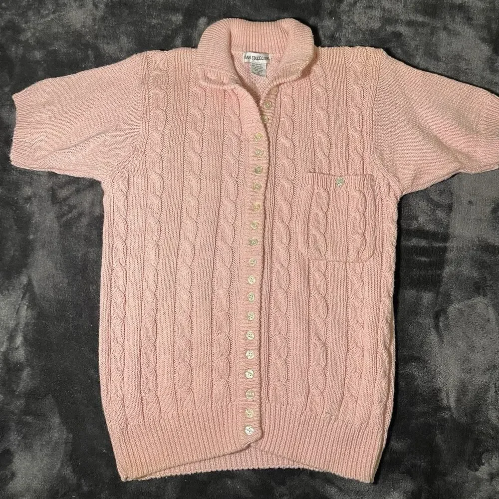 Tian Collection Pink Short Sleeve Cable Knit Cardigan Sweater Sz S Vtg Chunky